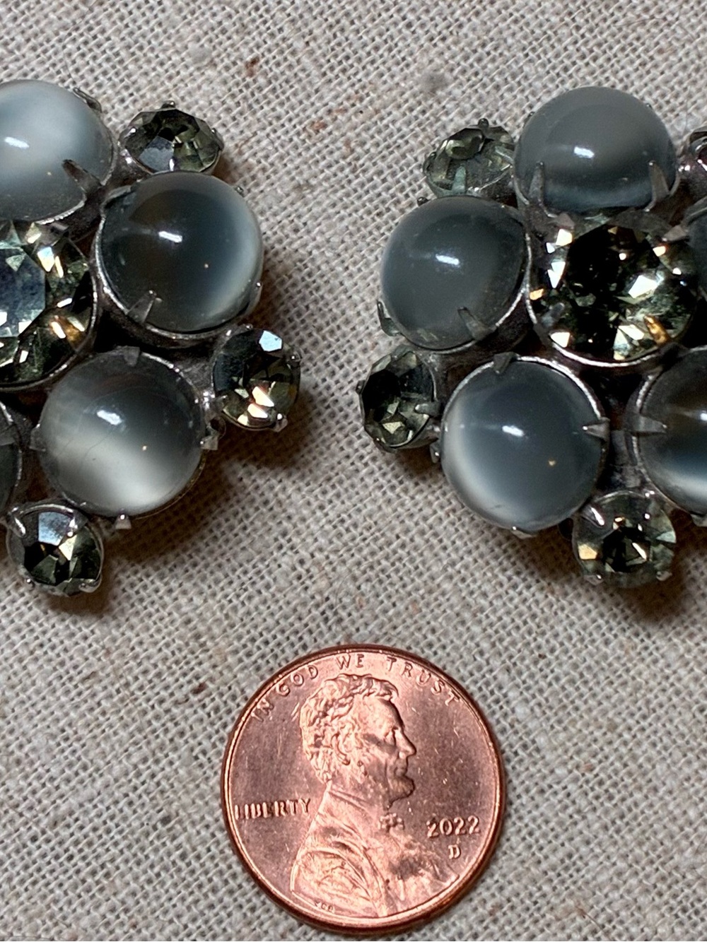 Vintage Classic Grey Glass Cabochon Cluster clip on Earrings in silver